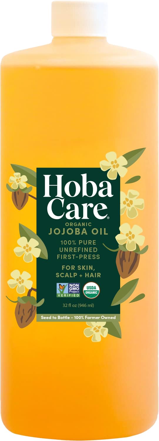 HobaCare Unrefined Organic Jojoba Oil for Skin Care, Hair, Beard, Scalp Massage - 100% Pure Carrier Oil for Perfume or Soap Making - Natural, Vegan