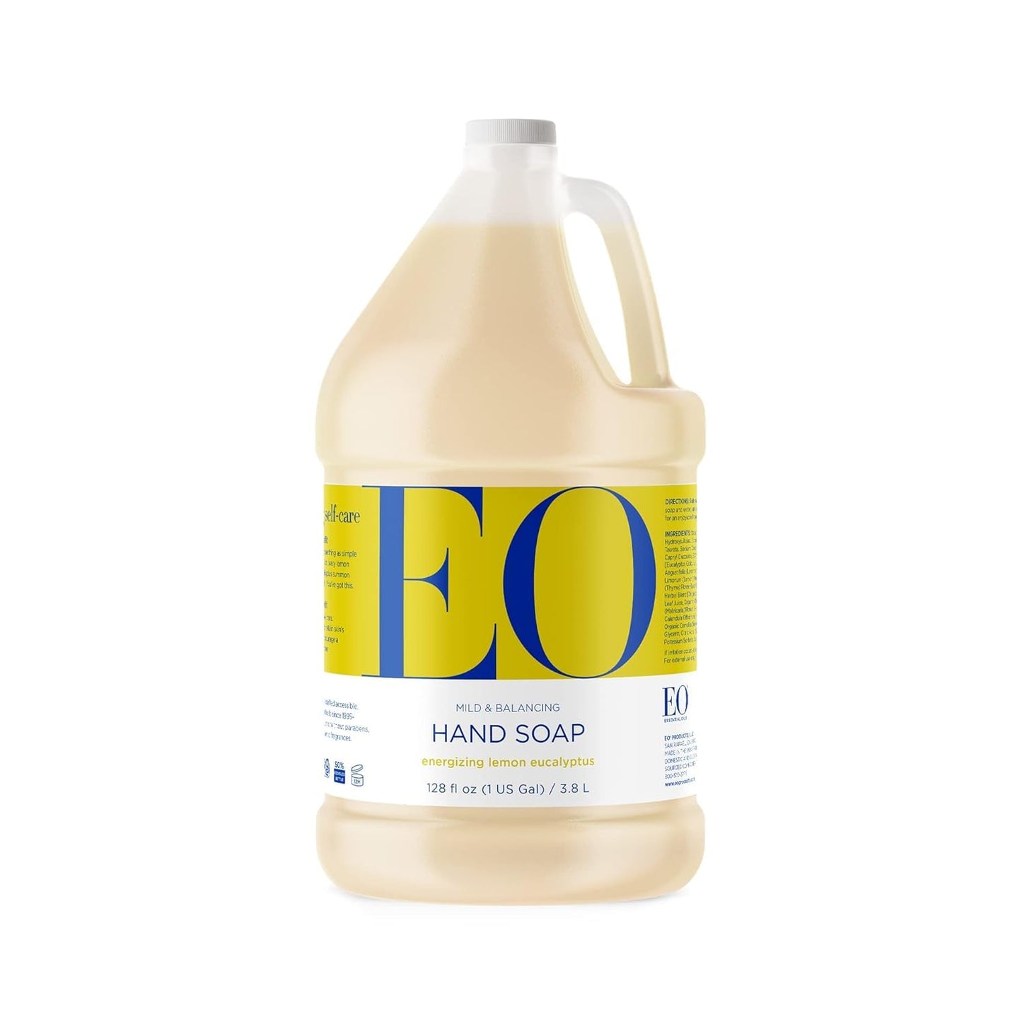 EO Liquid Hand Soap Refill, 1 Gallon, Lemon and Eucalyptus, Organic Plant-Based Gentle Cleanser with Pure Essential Oils