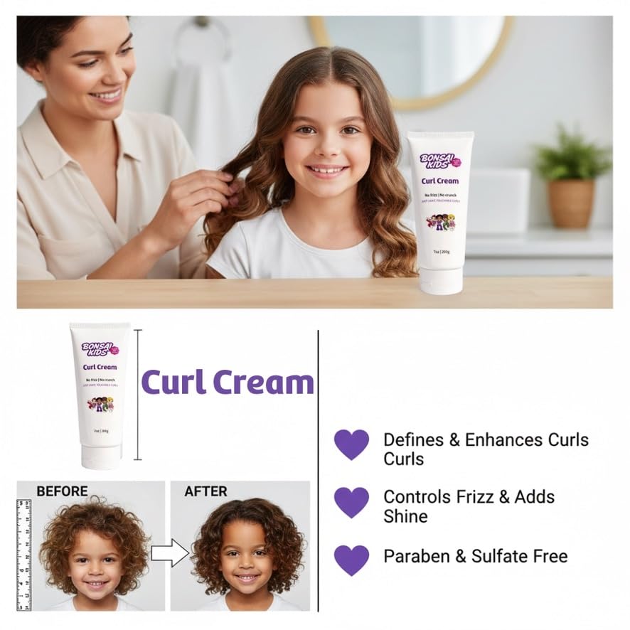 Bonsai Kids Curl Cream for Kids & Toddlers - Moisturizing Leave-In Curl Defining Cream for Curly, Coily & Wavy Hair, Frizz Control, Soft Hold