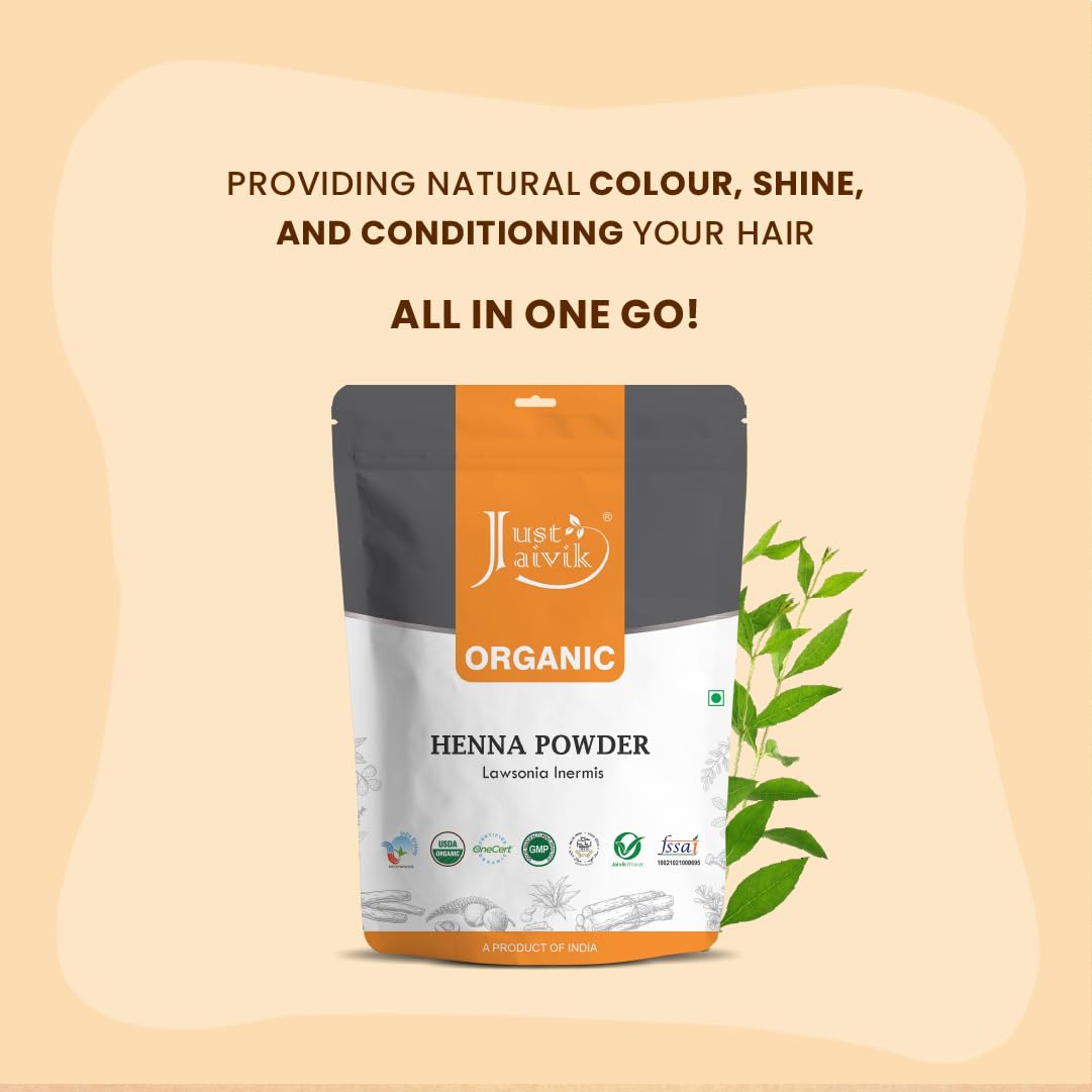 Just Jaivik Henna Powder (Lawsonia Inermis) for Hair - 100% Natural, USDA Certified Organic by OneCert Asia, No Chemicals or Additives, 227 Gms / 0.5