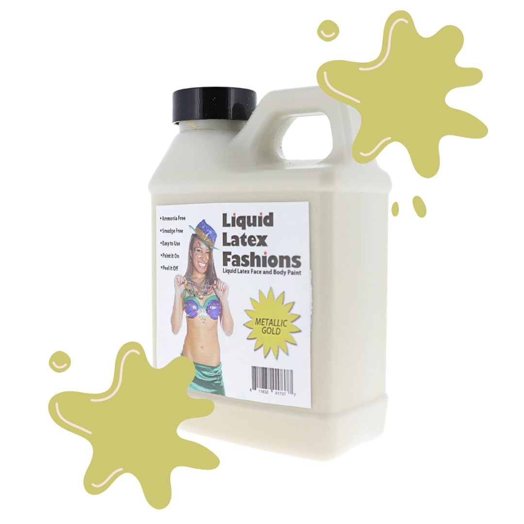 Metallic Gold 8 Oz - Liquid Latex Face and Body Paint for New Year's, Golden Age, Roaring 20's Costume, Cosplay and Concerts