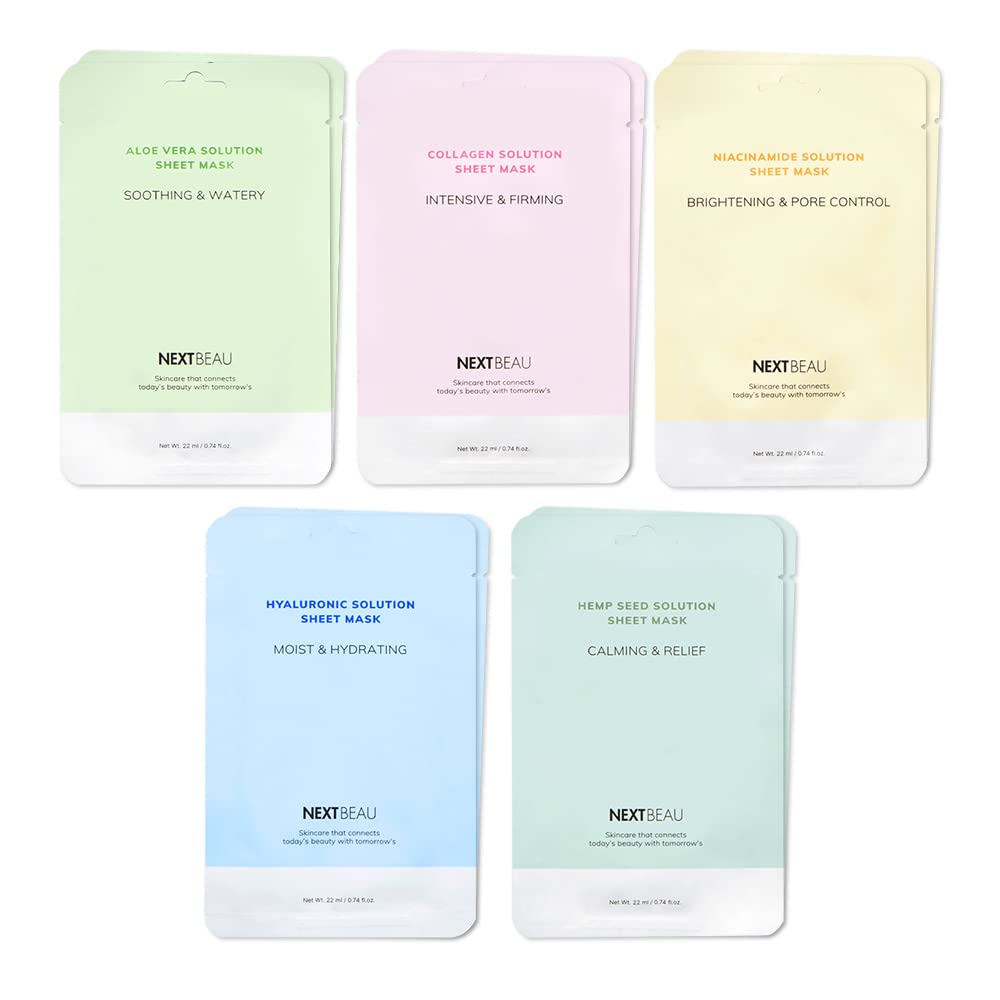 NEXTBEAU Solution Sheet Mask Variety Pack, 10 Count (5 Types x 2 Sheets), 0.74 fl oz Each, Korean Facial Sheet Masks for Daily Skincare Beauty and Personal Care NEXTBEAU