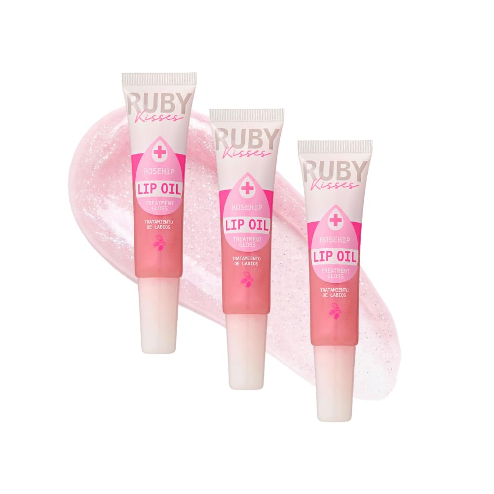 Ruby Kisses Hydrating Lip Oil Treatment Gloss with Rosehip Oil (3 Pack), Moisturizing Natural Shine Lip Care Protects & Heals with Vitamins,
