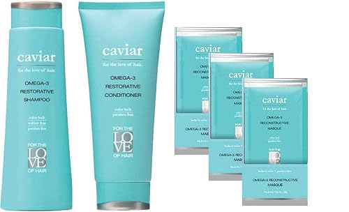 Caviar Omega-3 Restorative Hair Care Set (Pack of 5) - Includes Shampoo, Conditioner, and 3 Masque Packets