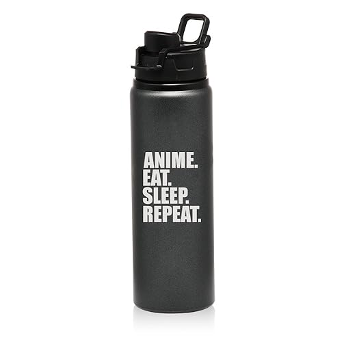 MIP Brand 25 oz Aluminum Sports Water Travel Bottle Anime Eat Sleep Repeat (Charcoal)
