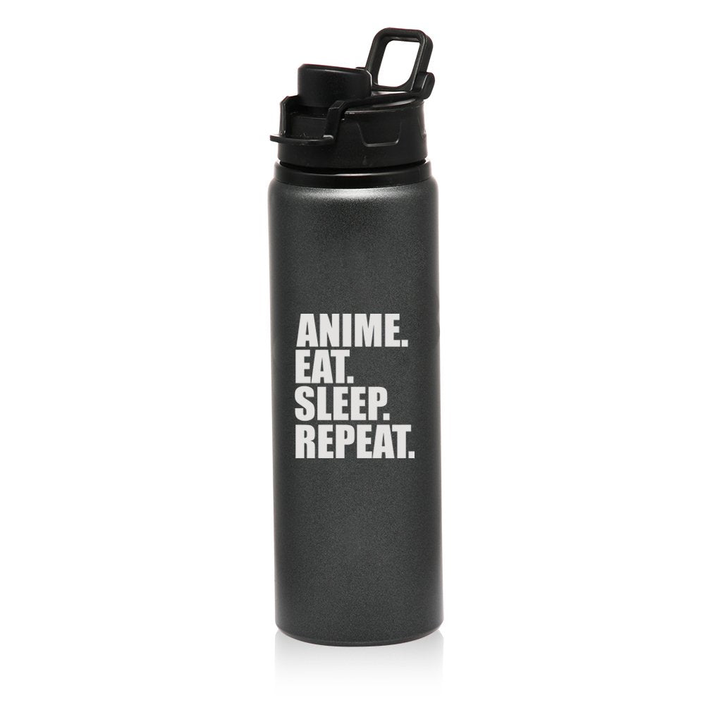 MIP Brand 25 oz Aluminum Sports Water Travel Bottle Anime Eat Sleep Repeat (Charcoal)