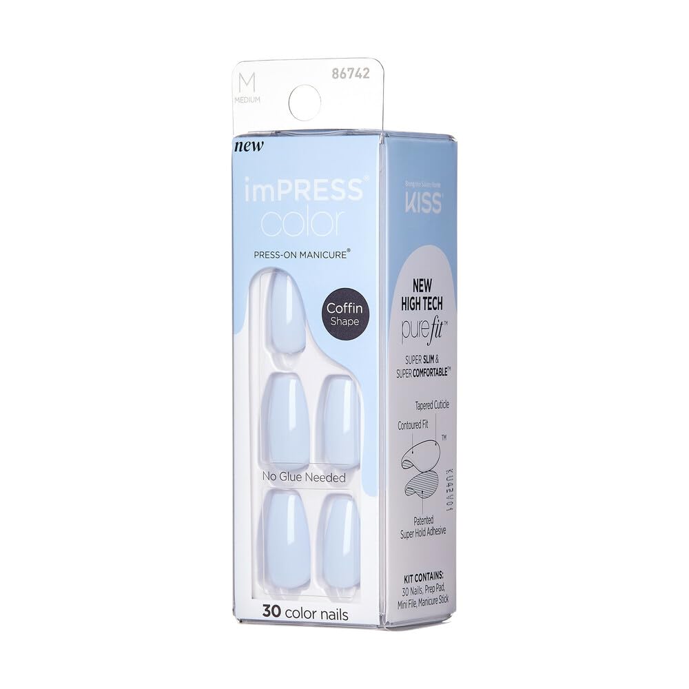 KISS imPRESS Color No Glue Mani 30 Pcs Press On Nails, Light Blue, Medium Size, Coffin Shape, Simple Peel & Press Easy Apply, Hassel-Free Removal Beauty & Personal Care imPRESS