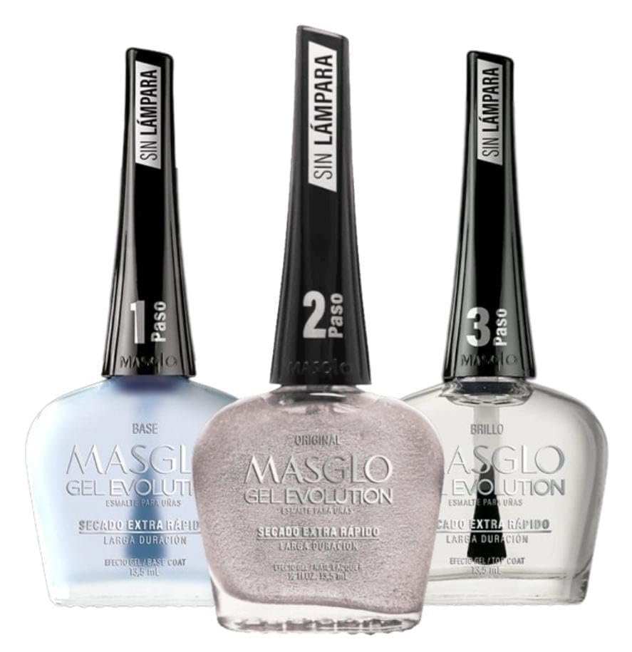 MASGLO GEL EVOLUTION Nail Polish Gel Effect, No UV/Led Lamp, Duration Up to 12 days, 3 PCs -Base, Esmalte Color, Brillo - Efecto Gel sin necesidad de Beauty & Personal Care MASGLO