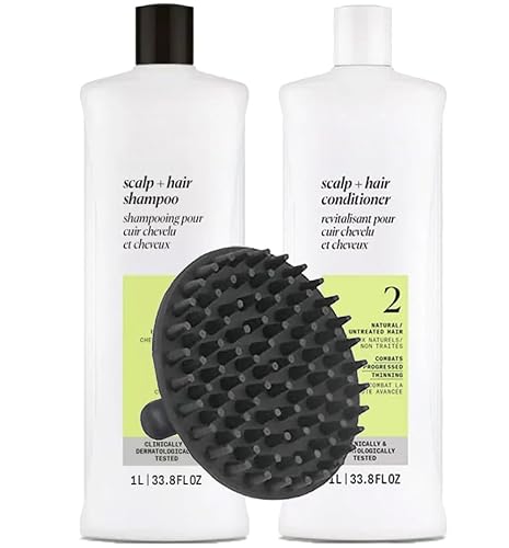 System 2 Cleanser Shampoo & Scalp Therapy Conditioner 1 Liter Duo Set for Noticeably Thinning Hair + M Hair Designs Scalp Brush - Professional