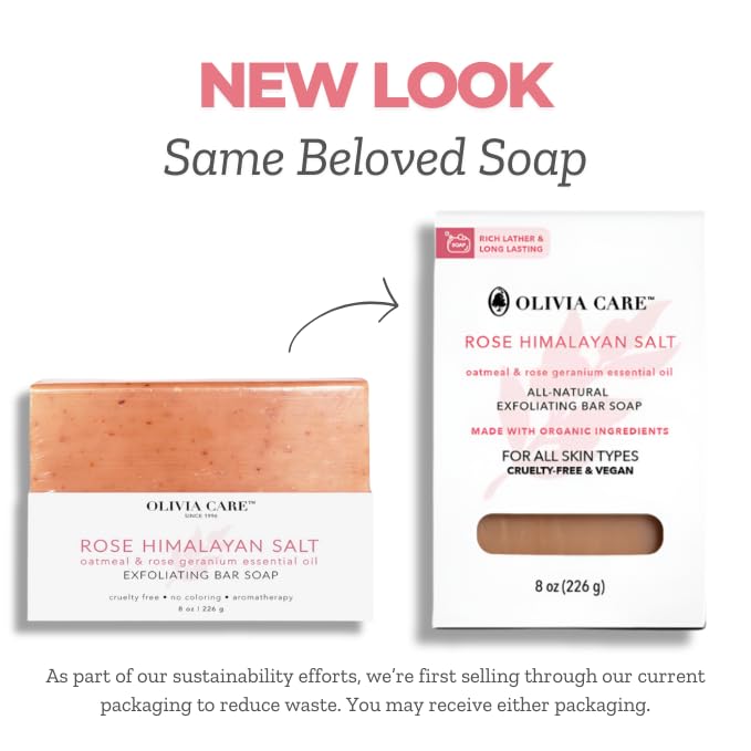 Olivia Care Exfoliating Bar Soap, Rose Himalayan Salt, 100% Natural, Organic Ingredients, Clean Energize Mind Body, Full of Vitamin & Antioxidants