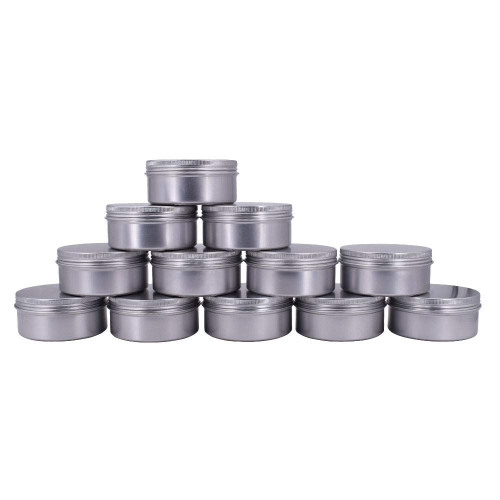 Healthcom 6-Ounce 12 Pack 180ml Empty Silver Round Aluminum Tin Cans Screw Top Metal Tins Aroma Hair Wax Tins Cosmetic Container Organization