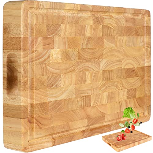 Wooden Butcher Block End Grain Cutting Board - 17x13x1.5in Reversible Multipurpose Chopping Board with Juice Groove, Cracker Holder & Inner Handles