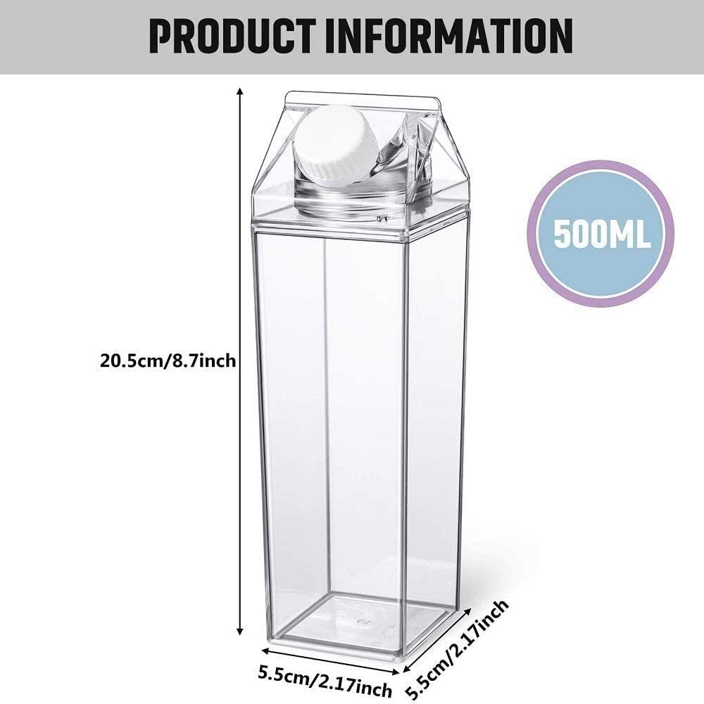 Milk Carton Water Bottle 17oz (500mL) Plastic Clear Square Milk Bottles BPA Free Leakproof Milk Carton Cups Portable Reusable Milk Carton Shaped