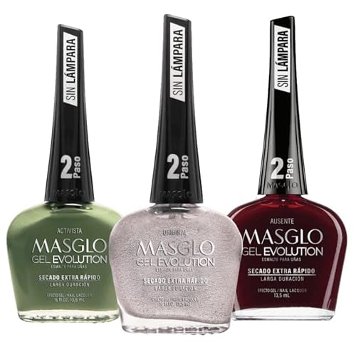 MASGLO GEL EVOLUTION Nail Polish Gel Effect, No UV/Led Lamp Required, Duration up to 12 day, 3 PCs Colors - Effecto Gel sin lampara UV/Led, duracion Beauty & Personal Care MASGLO