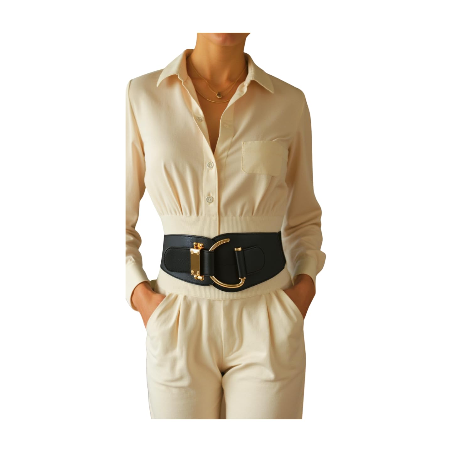 TFJ Women's Wide Fashion Belt Hip High Waist Gold Metal Hook Buckle Plus Size 36-44" Black (Black)