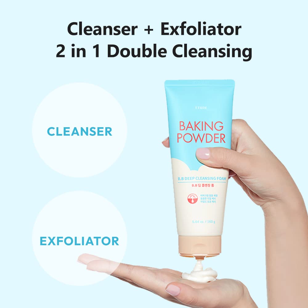 ETUDE Baking Powder B.B Deep Cleansing Foam, 2 in 1 Rice Bran + Baking Powder, Creamy Bubble + Scrub Exfoliate Skin, Fash Wash, Deep Cleanser