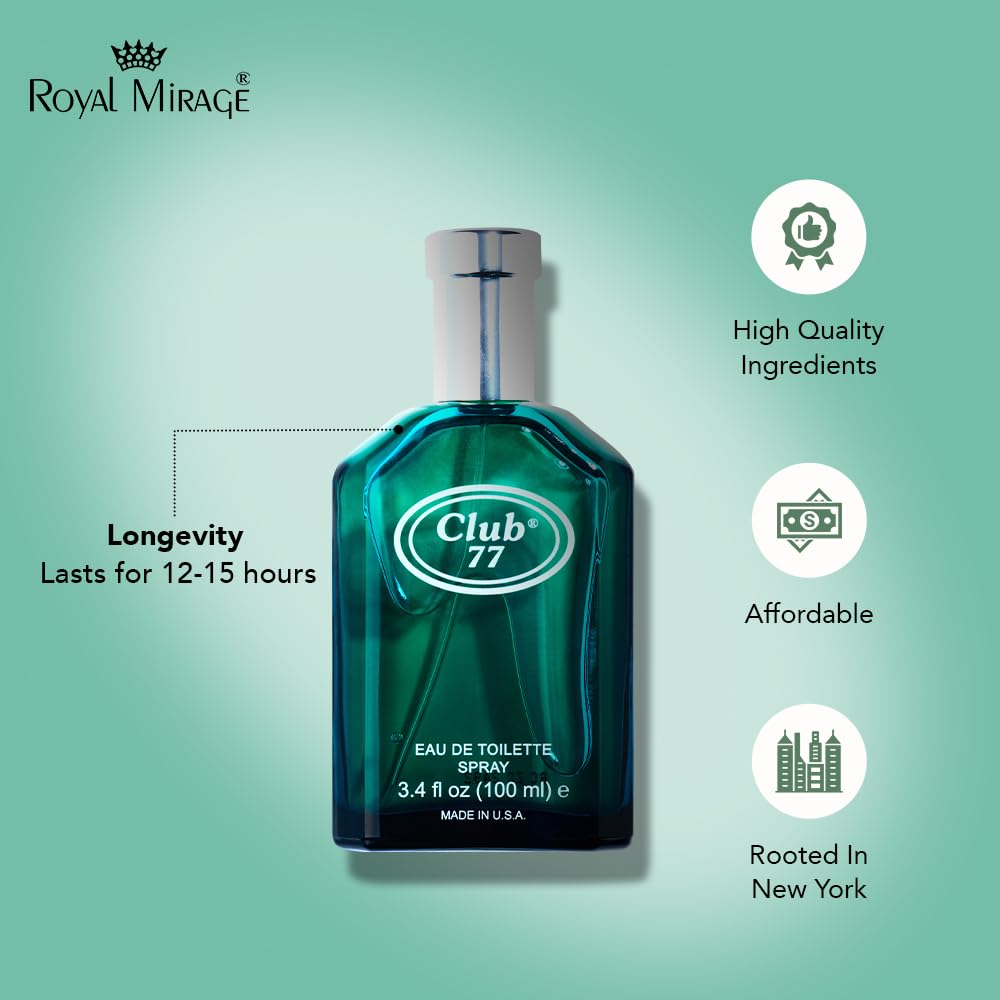 Royal Mirage Club 77 Eau de Toilette Spray for Men - Premium Masculine Cologne 100ml - Long-Lasting Fragrance with Anise, Jasmine & Sandalwood