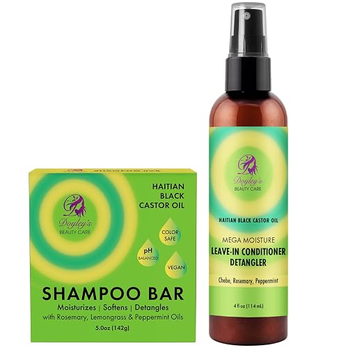 Doyley's Haitian Black Castor Oil Vegan Moisturizing Shampoo Bar 5oz and Mega Moisture Leave-In Conditioner Detangler 4oz Bundle | Hair Growth