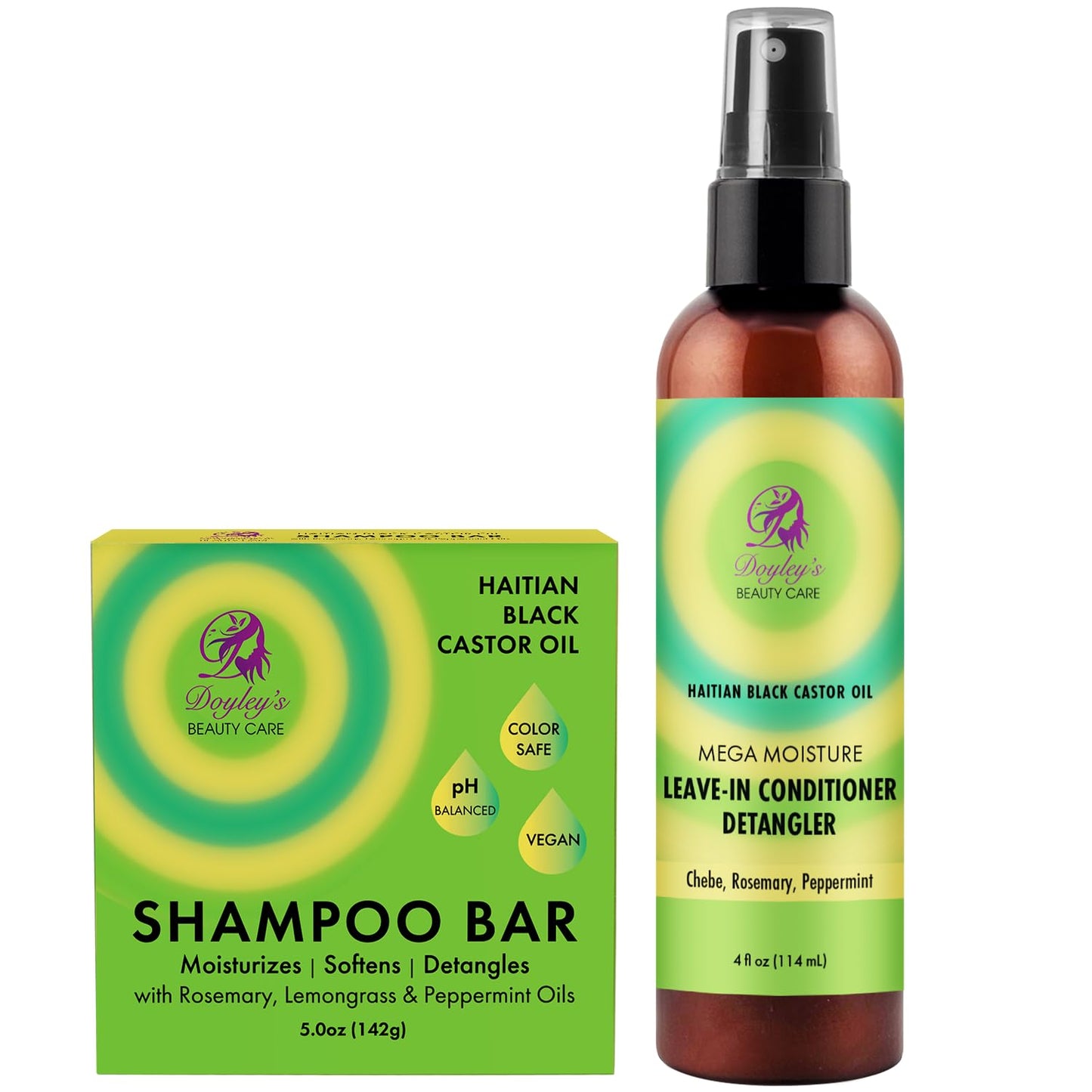 Doyley's Haitian Black Castor Oil Vegan Moisturizing Shampoo Bar 5oz and Mega Moisture Leave-In Conditioner Detangler 4oz Bundle | Hair Growth