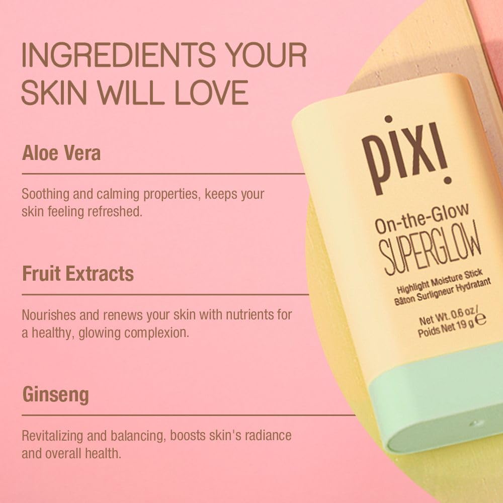 Pixi On-the-Glow SuperGlow | Shade GildedGold | Hydrating Highlighter Stick with Ginseng, Aloe Vera & Fruit Extracts | For Cheeks & Brow Bones | 19g