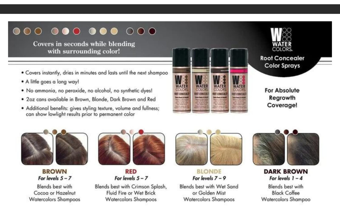 Watercolors Root Concealer Touch Up Texture & Volume Spray, Covers Gray Roots & Regrowth. (Light Brown)