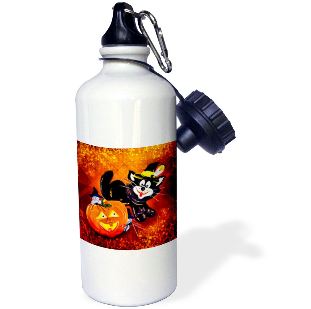 3dRose "Funny Halloween Cat and Mouse" Sports Water Bottle, 21 oz, White