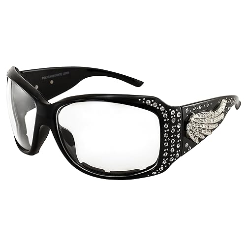 Rodeo Queen Angel Padded Motorcycle Bling Sunglasses for Women Black Frame w/Bling Rhinestones & Smoke Gradient Lens