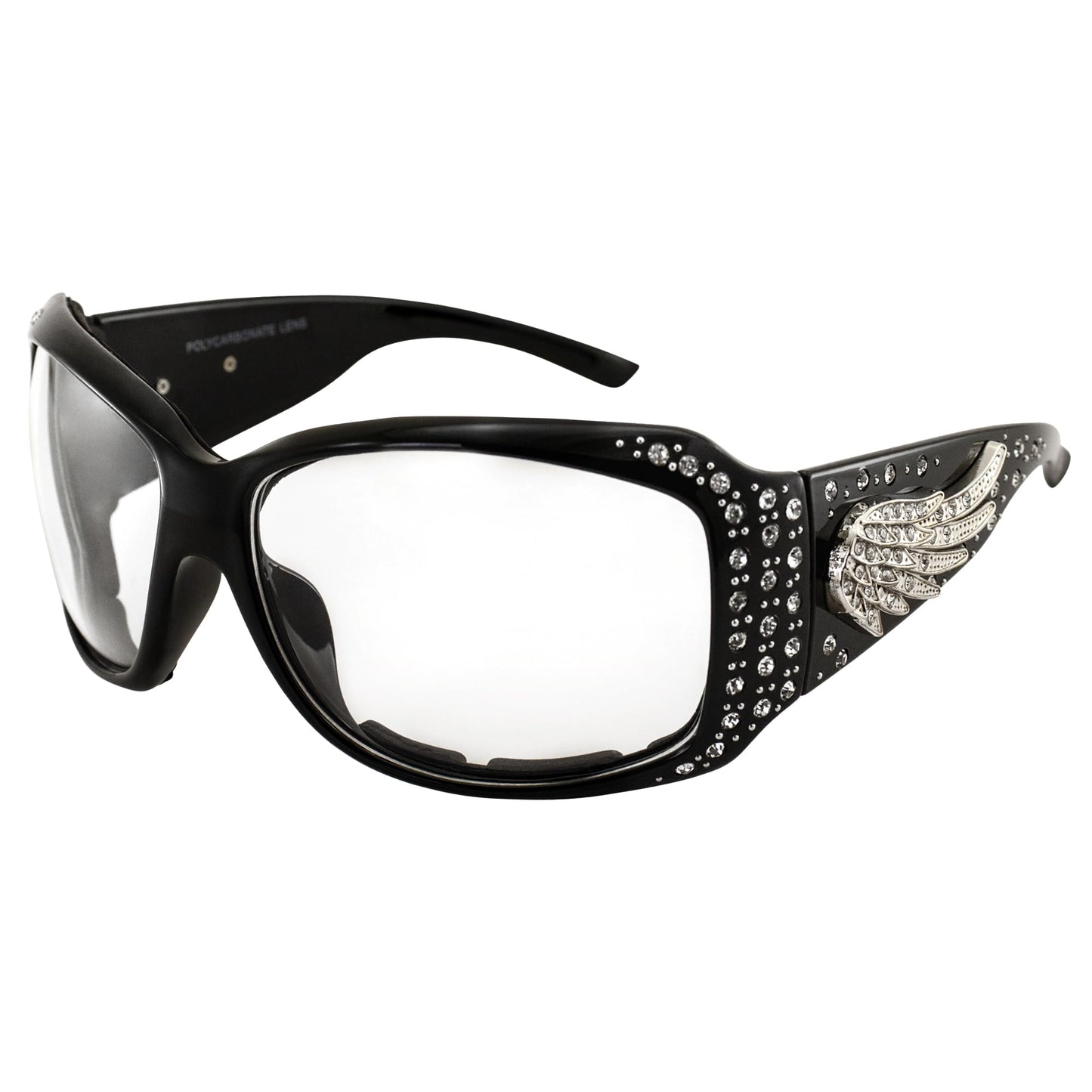Rodeo Queen Angel Padded Motorcycle Bling Sunglasses for Women Black Frame w/Bling Rhinestones & Smoke Gradient Lens