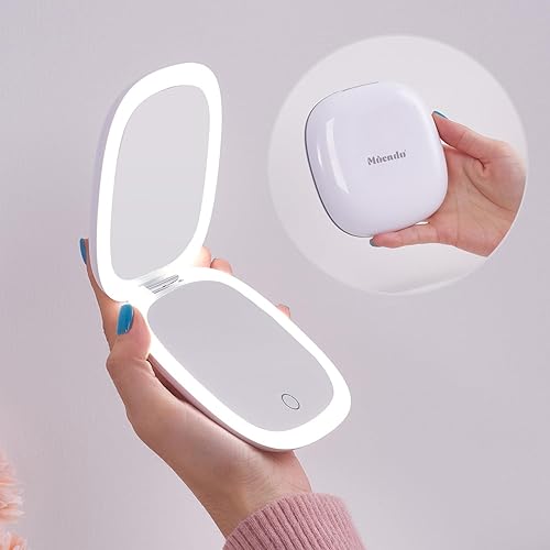 Mocado Compact LED Magnifying Travel Makeup-Mirror - 4 inches 1X/10X Magnification Small Hand Pocket Dimmable Double Sided USB Rechargeable Touch