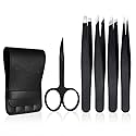 Tweezers Set 5-Piece - Professional Stainless Steel Tweezers with Curved Scissors, Best Precision Tweezer for Eyebrows, Splinter & Ingrown Hair