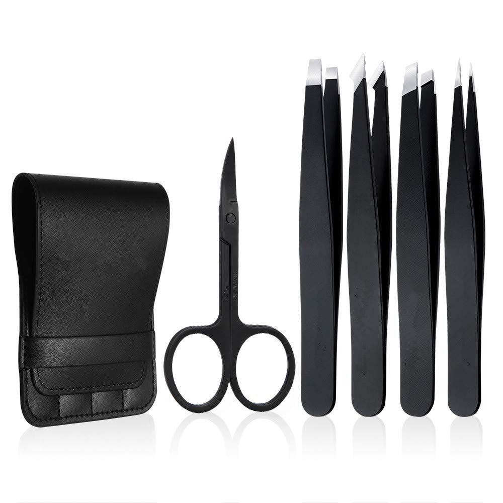 Tweezers Set 5-Piece - Professional Stainless Steel Tweezers with Curved Scissors, Best Precision Tweezer for Eyebrows, Splinter & Ingrown Hair