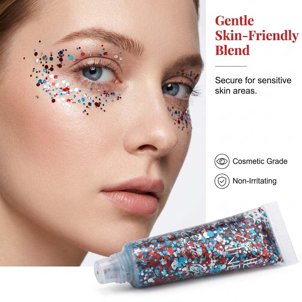 3PC Waterproof Red White Blue Hair Glitter Stick for Patriotic Celebrations &Game Days, 4th of July Glitter Stick, Sparkling Face&Body Makeup