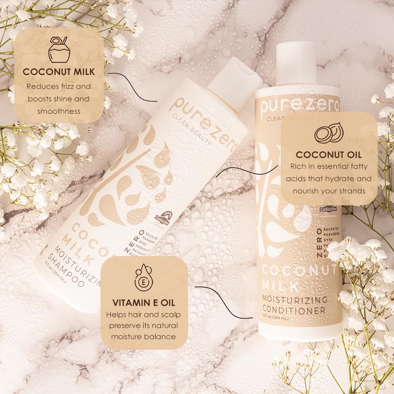 Purezero Coconut Milk Shampoo & Conditioner Set - 100% Vegan & Cruelty Free - Intense Hydration & Increase Shine - Zero Sulfates, Parabens, Dyes