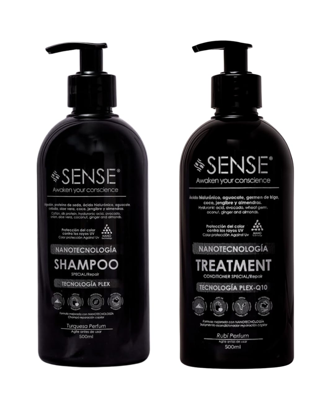SENSE AWAKEN YOUR CONSCIENCE Nanotech Plex Repair Shampoo & Conditioner Set - Bond Restoration with Hyaluronic Acid, Coconut, Ginger & Q10 - 2 x 500