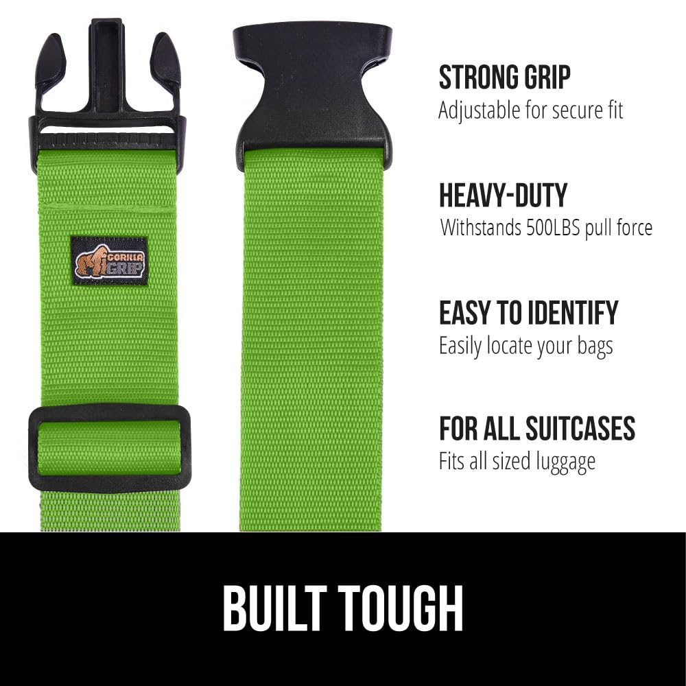 GORILLA GRIP 4-Pack Adjustable Luggage Straps – Heavy Duty Travel Belts, Bag Connectors, Green, Easy ID