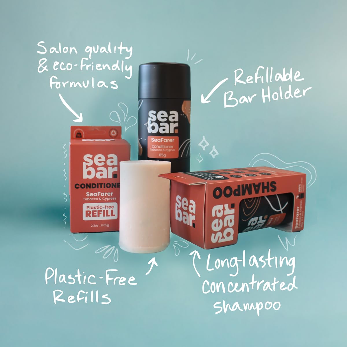 SeaBar Shampoo & Conditioner Bar Refill Set - All Natural Hair Shampoo - Vegan, Sulfate-Free, Eco Friendly Zero Waste Reusable Packaging with Travel