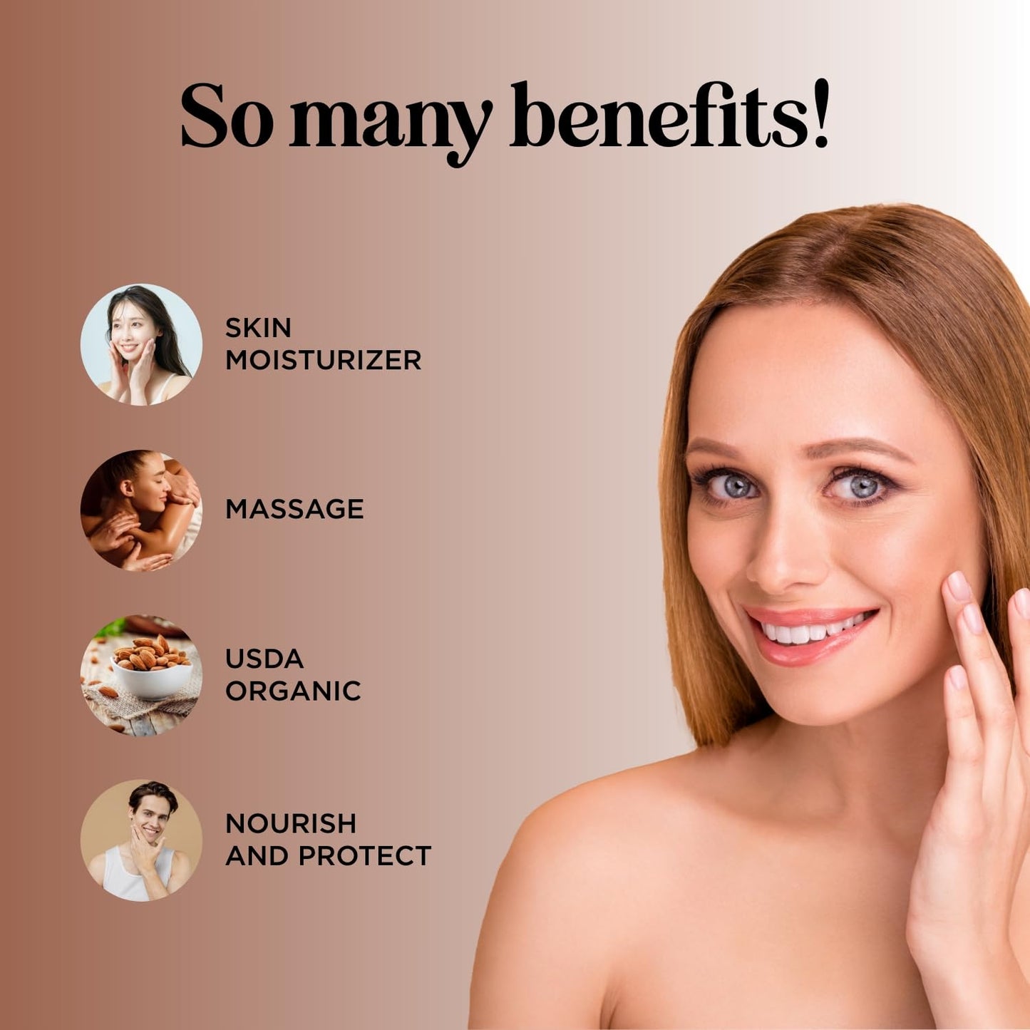 USDA Organic Sweet Almond Oil - Pure Cold Pressed Organic Almond Oil for Skin Hair and Nails - Moisturizing Organic Body Oil for Women and Men plus