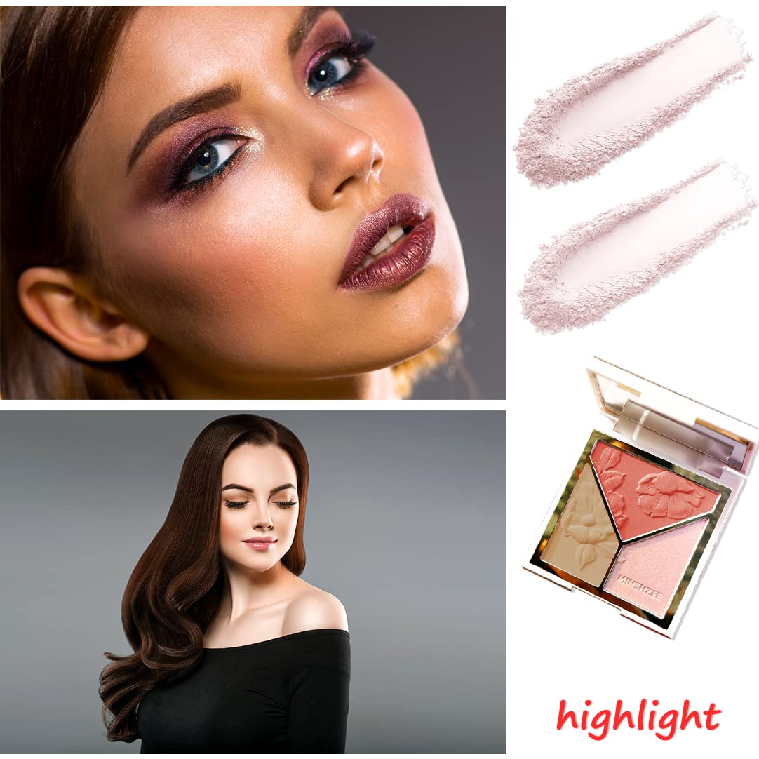 3-in-1 Highlighter Makeup Palette - Contour, Blush & Glow Kit with Matte & Shimmer Finish - Silky Pressed Powder for Face, Cheekbones, Eyes
