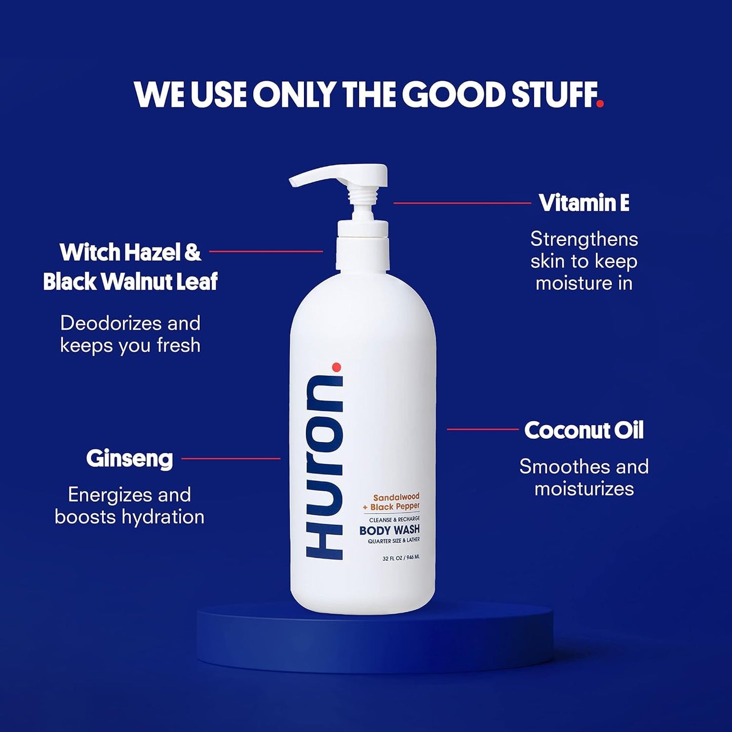 Huron Shower Kit for Men and Women - Shampoo, Conditioner & Body Wash with Sandalwood + Amber Scent, Hydrating, Phthalate-Free, non-toxic Ingredients