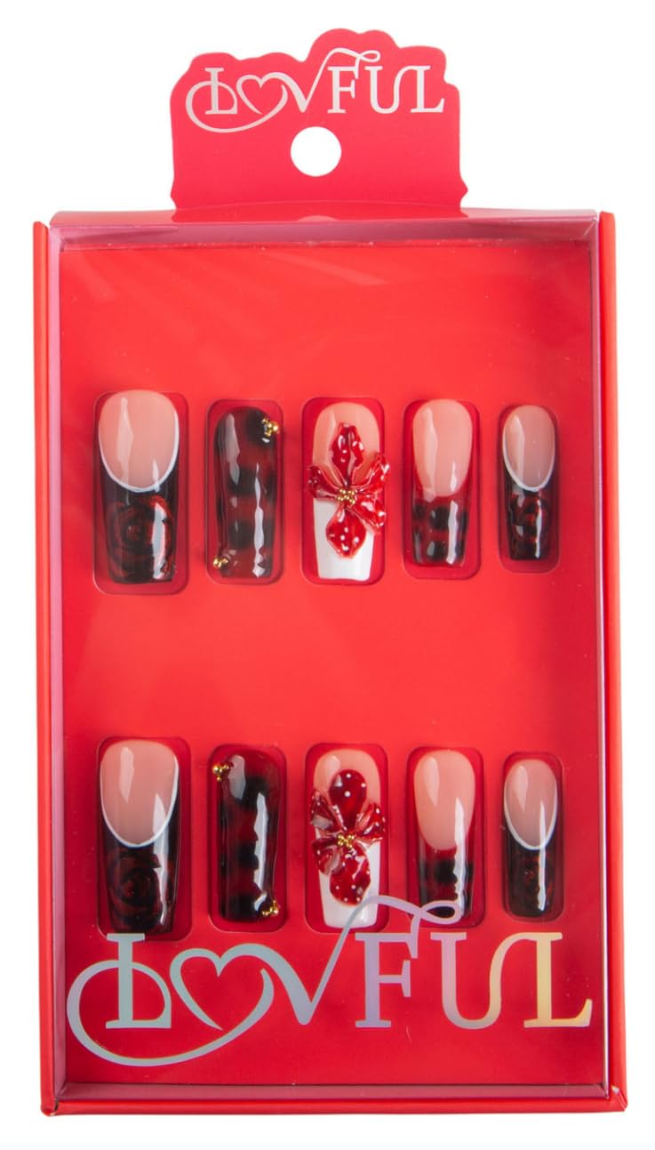 LOVFUL Reusable Press on Nails | Salon Quality Sustainable Style Handmade with Full Covered Crystals | Square Classic Regular 1.3 in | (Midnight Rose Beauty & Personal Care Lovful