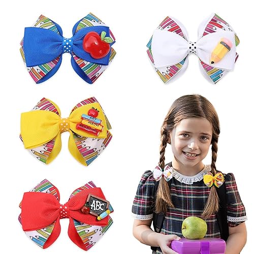 4pcs Back to School Hair Bows Clips for Girls - Yellow Apple Pen Blackboard Barrette, Colorful Hair Bow Accessories for First Day of School