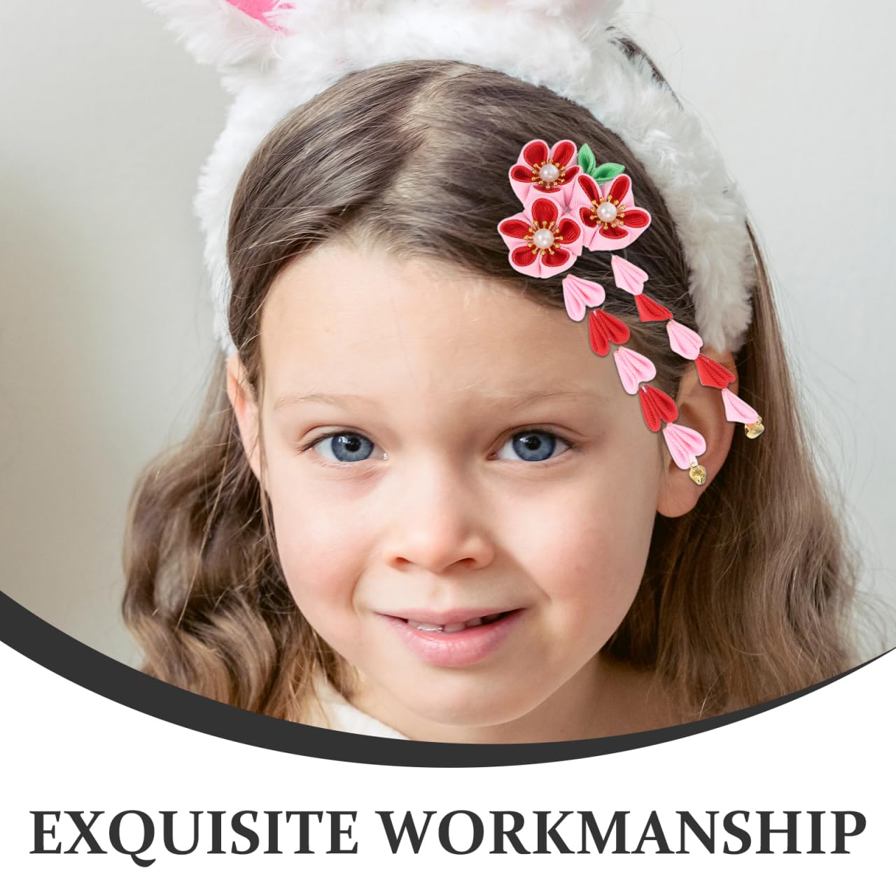 2pcs Womens Girls Kimono Traditional Tsumami Kanzashi Outfit Wedding Japanese Asian Yukata Hair Tie Flower Floral Fan Barrette Clip (Pink/Red