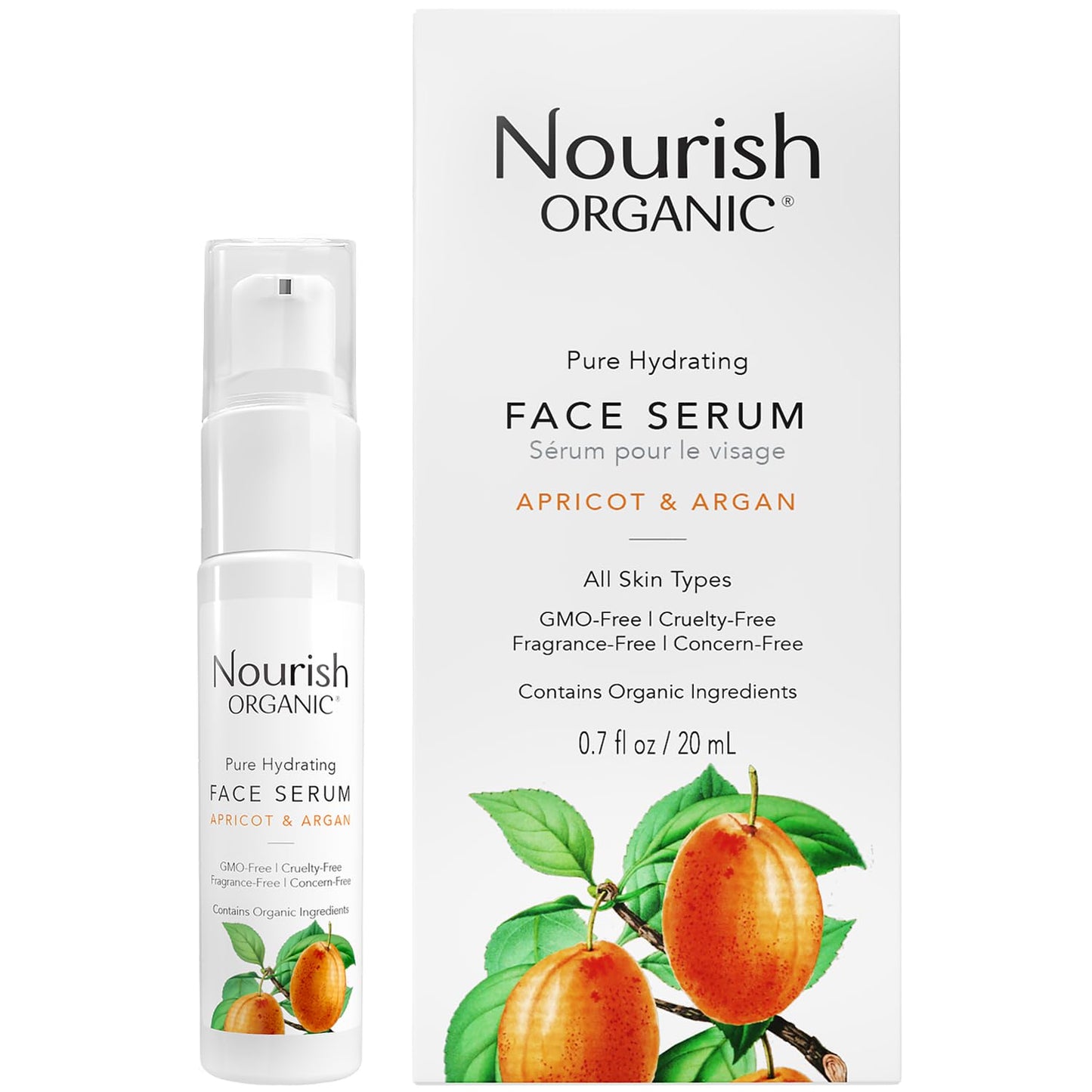 Nourish Organic Face Serum, Apricot & Argan - Pure Hydrating Facial Serum with Vitamin C and Vitamin A + Washable Cotton Round