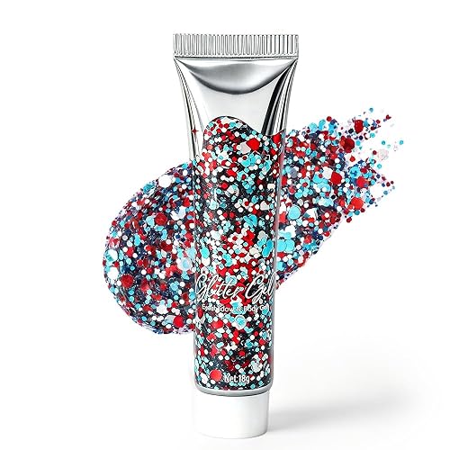 Waterproof Red White Blue Hair Glitter Stick for Patriotic Celebrations &Game Days, 4th of July Glitter Stick, Sparkling Face&Body Makeup with Star