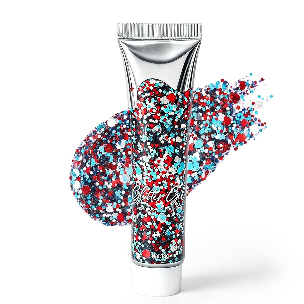 Waterproof Red White Blue Hair Glitter Stick for Patriotic Celebrations &Game Days, 4th of July Glitter Stick, Sparkling Face&Body Makeup with Star