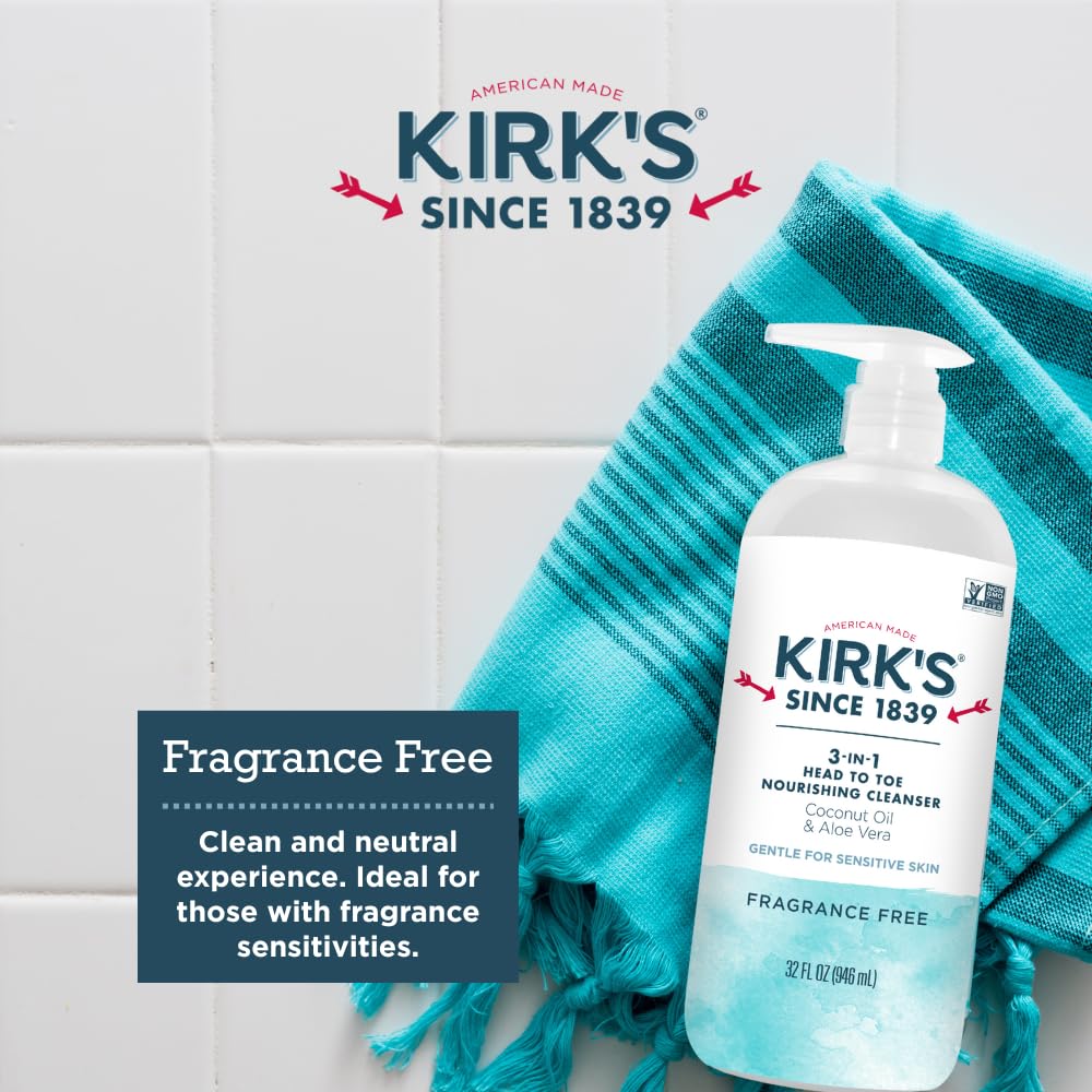 Kirk's Fragrance Free 3-in-1 Nourishing Cleanser, Shampoo Body Wash Bubble Bath, Coconut Oil and Aloe Vera, Vegan Non-GMO, 32 Fl Oz, Pack of 2