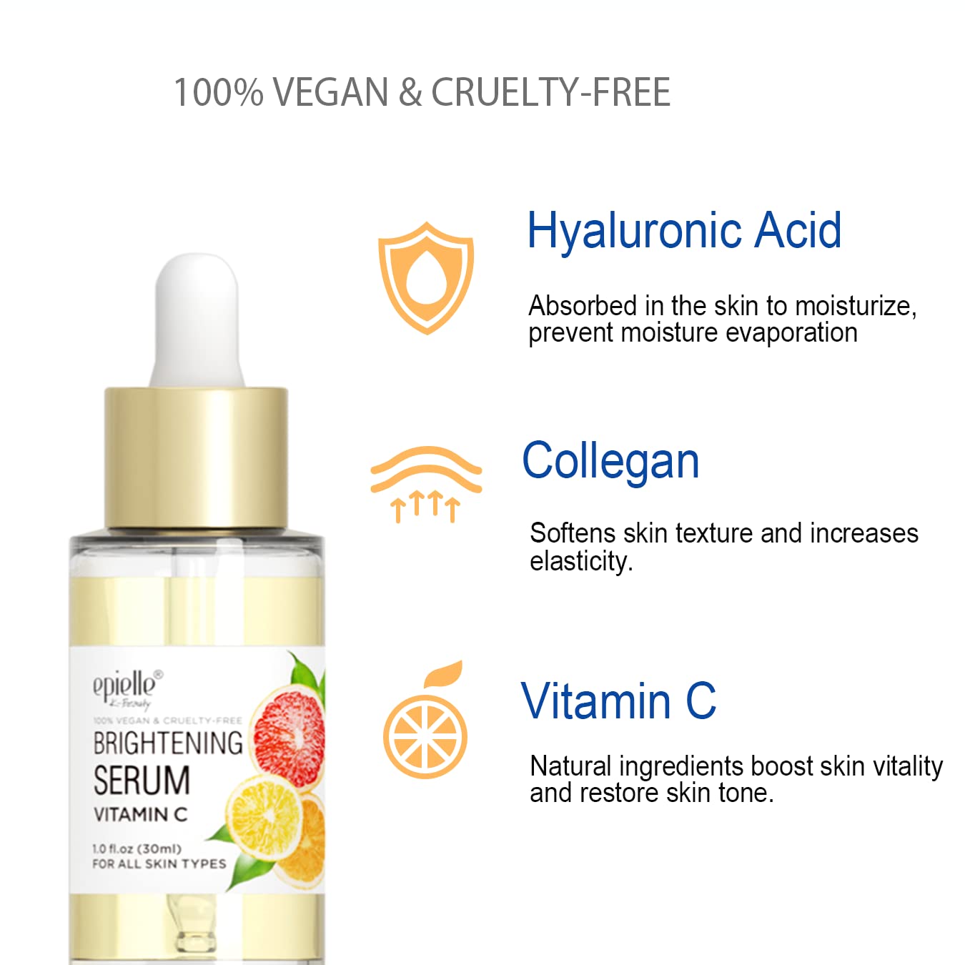 Epielle Vitamin C Serum with Collagen & Hyaluronic Acid, Restore Hydration & Reduce Dark Spots, Vegan & Cruelty-Free, Korean Skin Care, 1.0 fl oz