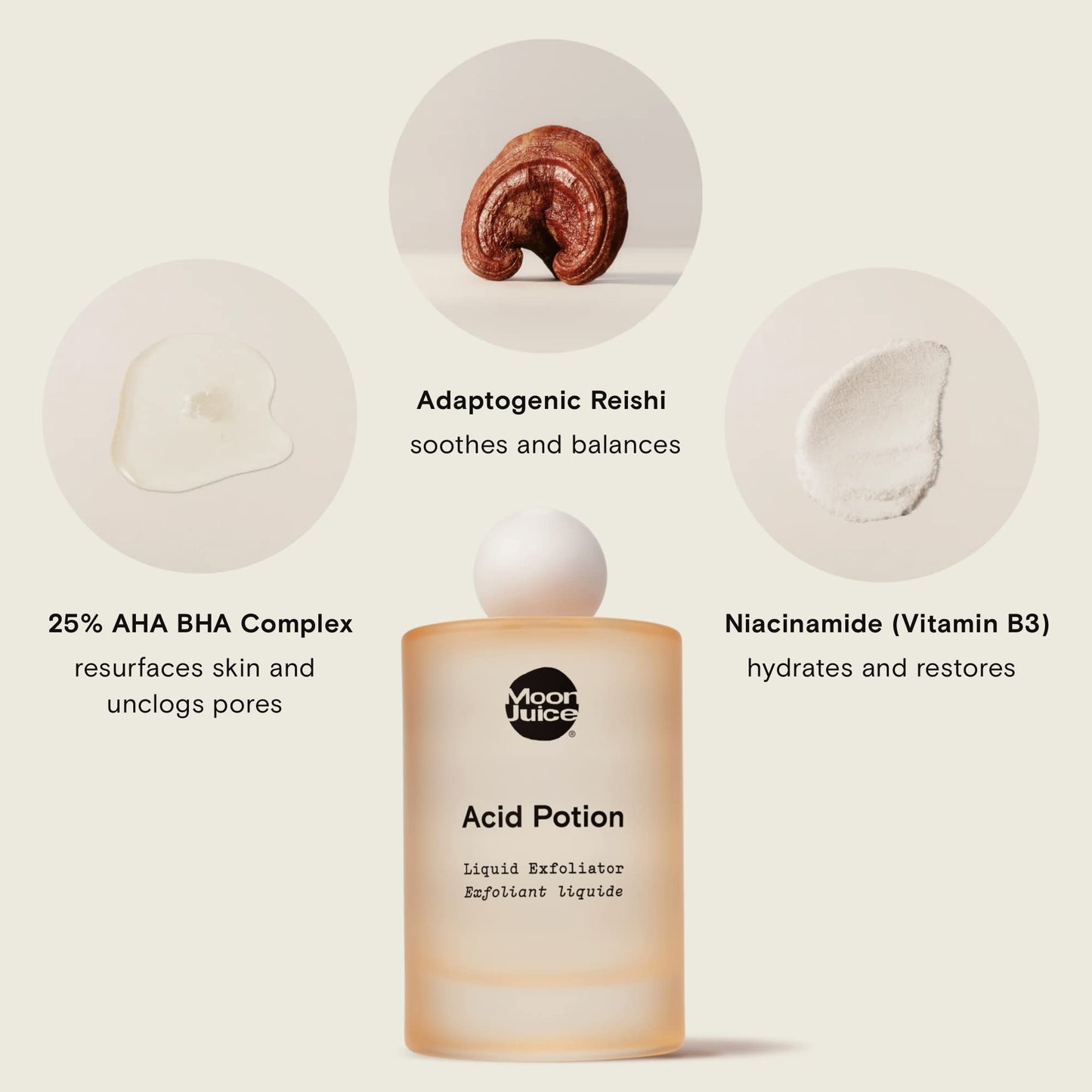 Moon Juice Acid Potion Liquid Face Exfoliator - 25% AHA BHA Exfoliant with Reishi + Niacinamide - Helps Resurface Skin, Unclog Pores & Stimulate