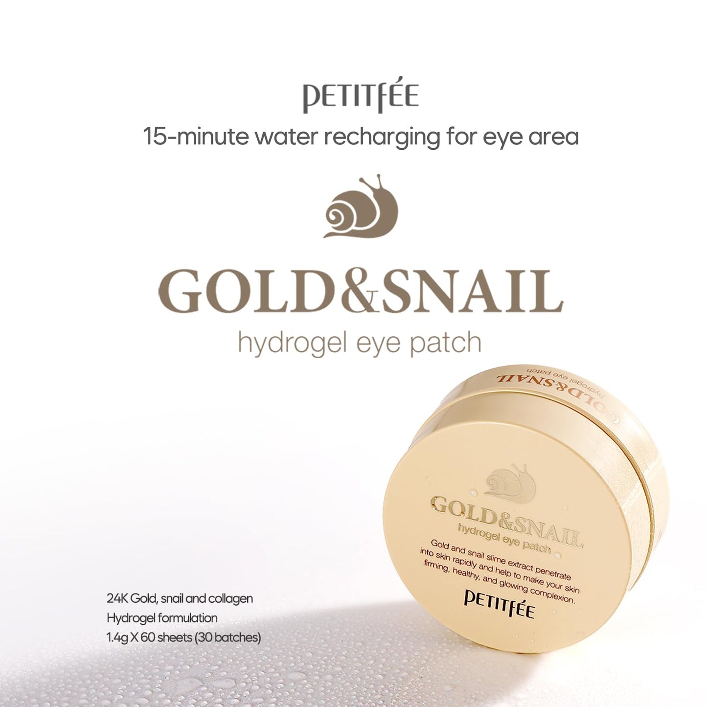 Petitfee Gold & Snail Hydrogel Eye Patch 60ea (30pairs) - 24k Gold Snail Eye Mask for Firming, Healthy Skin, Hydrating, Skin Elasticity, Snail