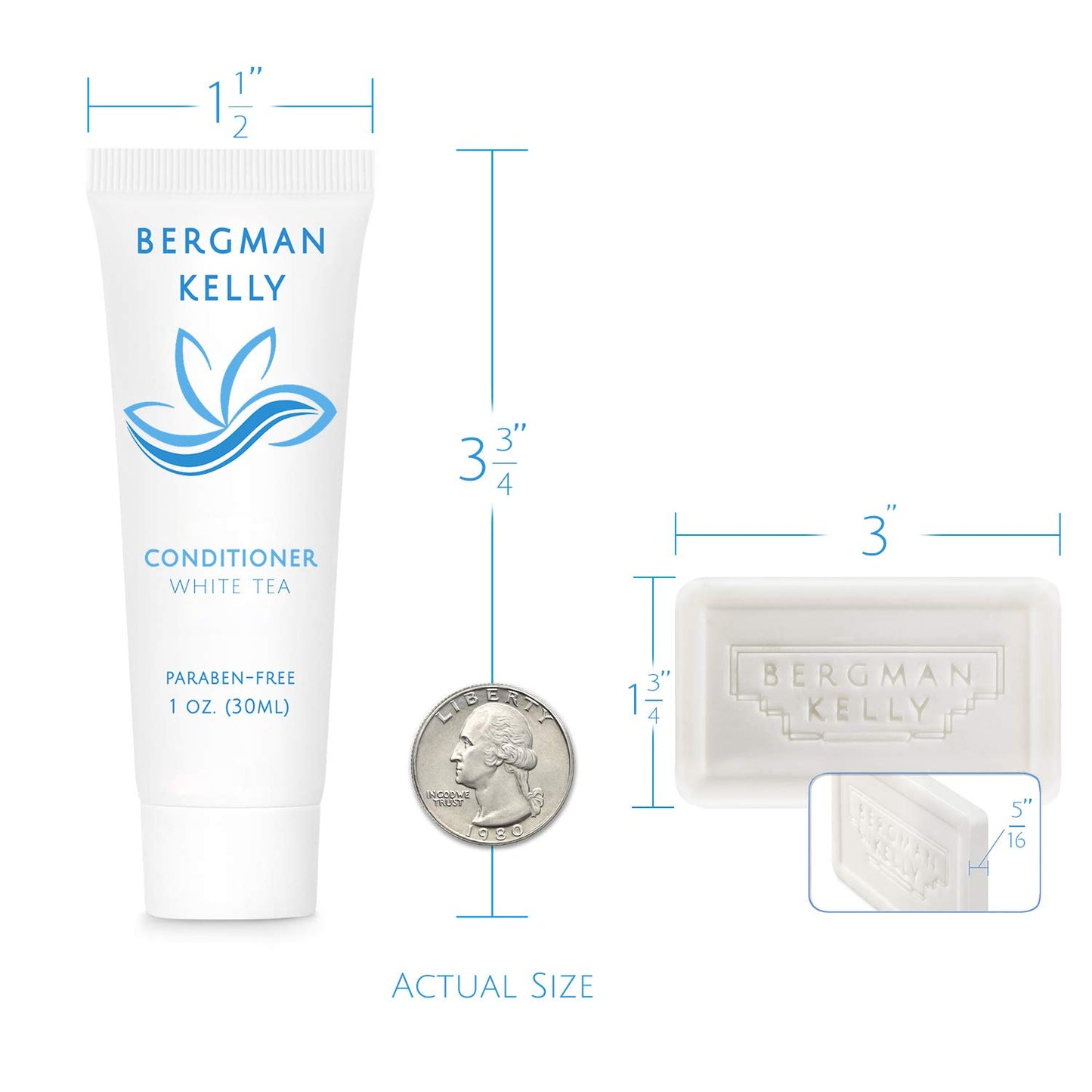 BERGMAN KELLY Rectangular Hotel Soap Bars, Shampoo & Conditioner 3-Piece Set (1 oz each, 150 pc, White Tea), Delight Guests with Revitalizing